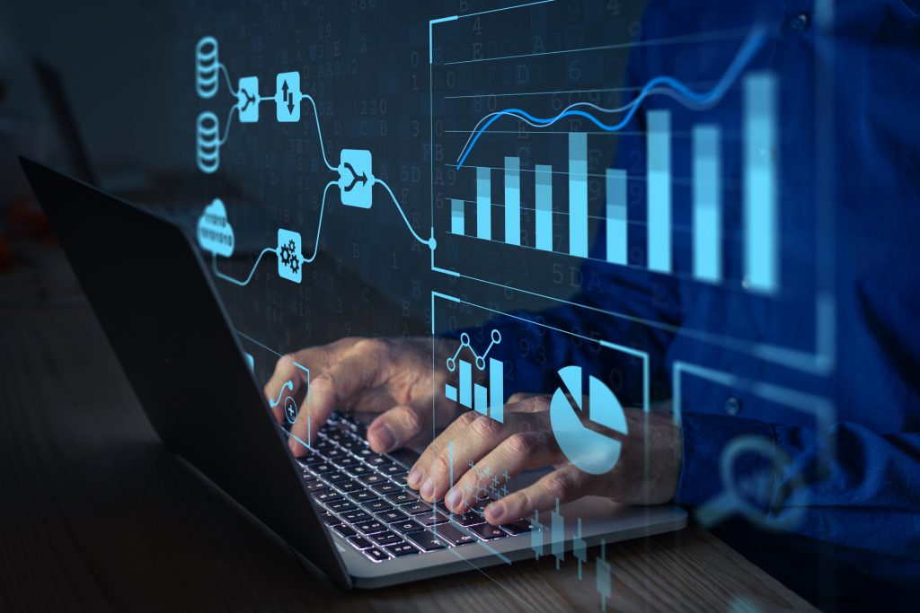 Analyst Working With Business Analytics And Data Management System On Computer To Make Report With Kpi And Metrics Connected To Database. Corporate Strategy For Finance, Operations, Sales, Marketing