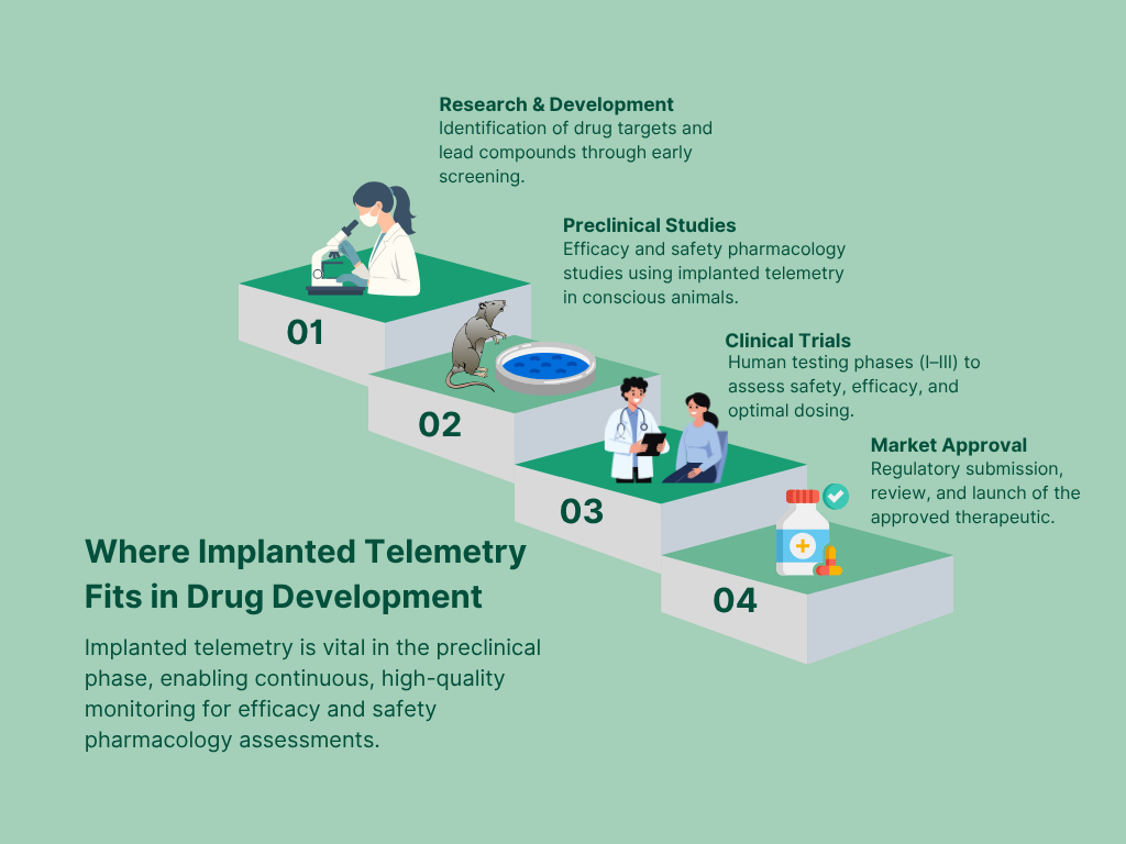 Biotrial graphic illustrating the role of implanted telemetry during preclinical efficacy and safety assessments.